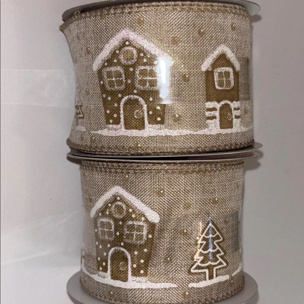 Gingerbread House Neutral Ribbon Rustic Gingerbread wired ribbon Houses ribbon
